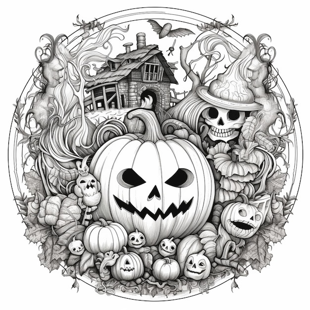 A black and white drawing of a halloween scene with pumpkins and witches generative ai