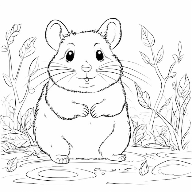 a black and white drawing of a hamster sitting in the grass generative ai