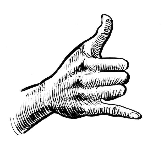 A black and white drawing of a hand giving a phone sign.