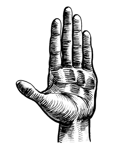 A black and white drawing of a hand with the word " stop " on it.