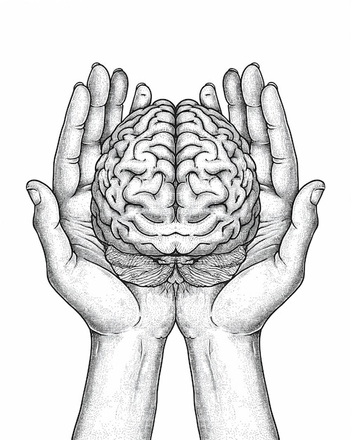 Photo black and white drawing of hands holding a brain