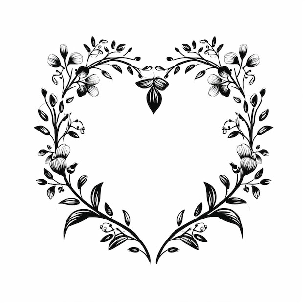 Photo a black and white drawing of a heart shaped frame with flowers generative ai