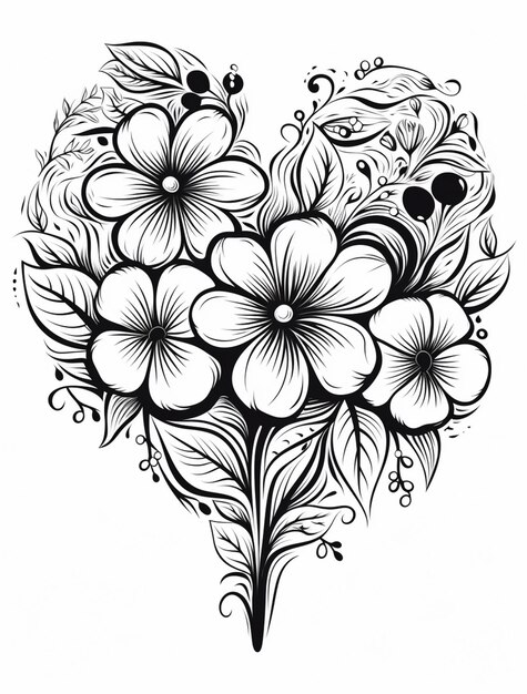 a black and white drawing of a heart with flowers generative ai