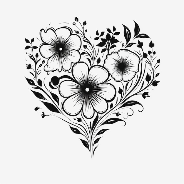 Photo a black and white drawing of a heart with flowers generative ai