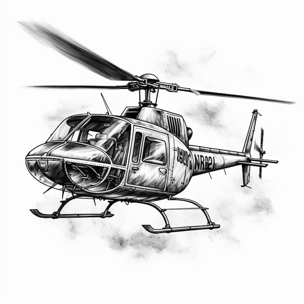 A black and white drawing of a helicopter with the number 12 on it.