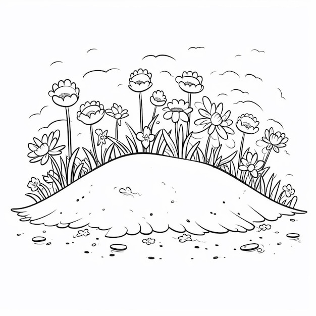 Photo a black and white drawing of a hill with flowers and grass generative ai