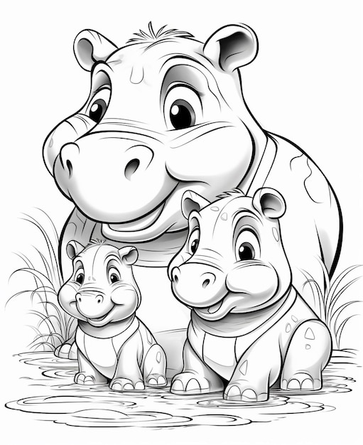 a black and white drawing of a hippo and two baby hippos generative ai