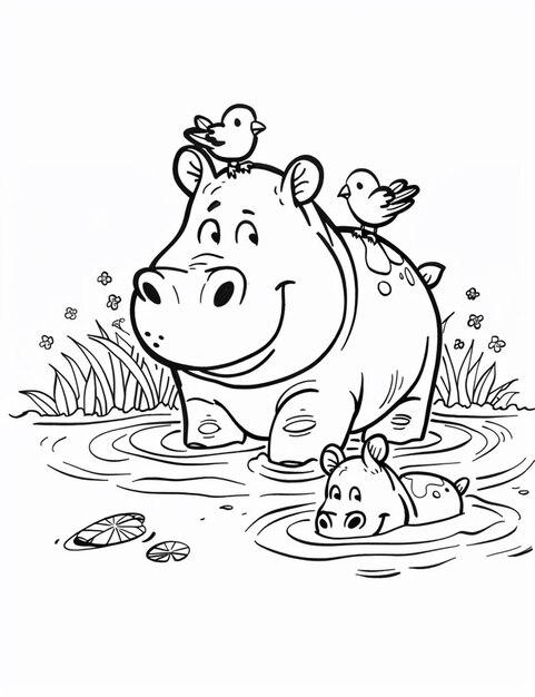 a black and white drawing of a hippo with a bird on its back generative ai