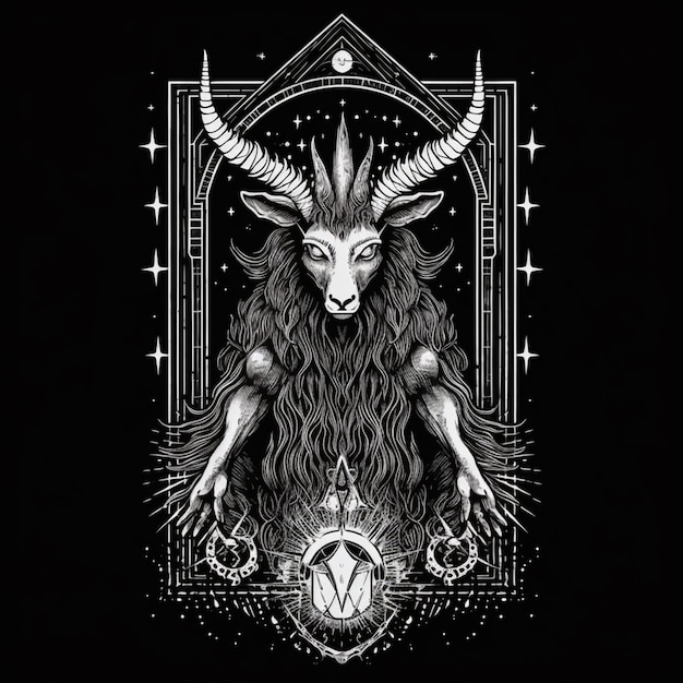 A black and white drawing of a horned goat with horns generative ai