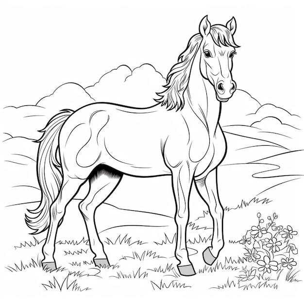 Foto un disegno in bianco e nero di un cavallo in piedi in un campo generativo ai