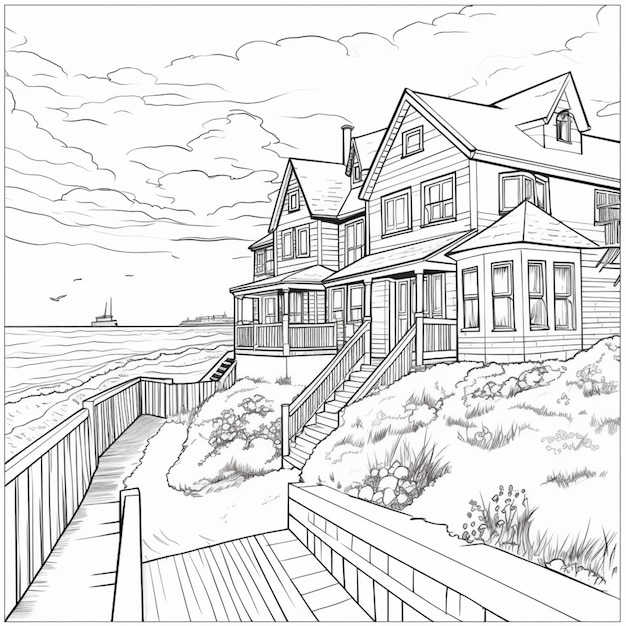 a black and white drawing of a house on the beach generative ai