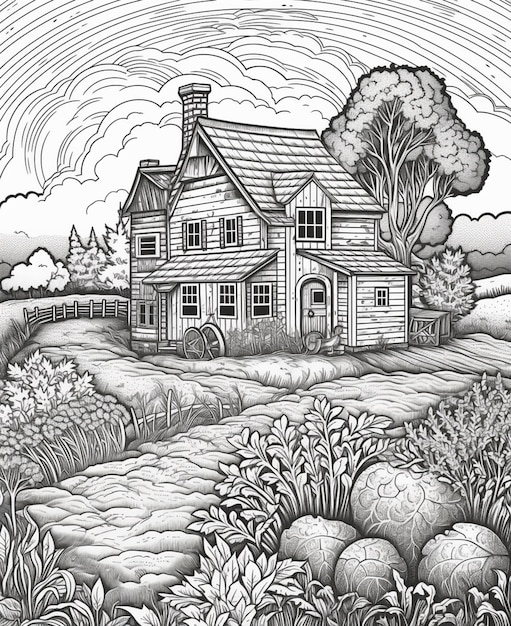 a black and white drawing of a house in a field generative ai