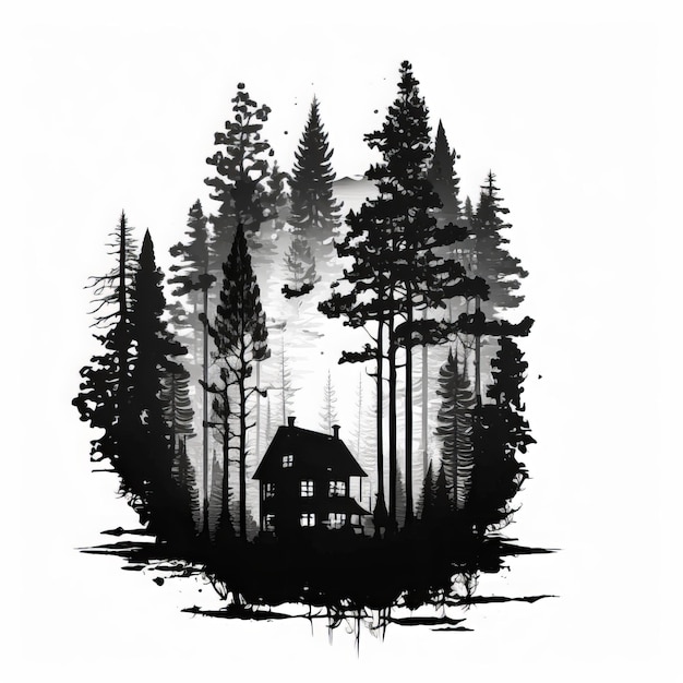 A black and white drawing of a house in a forest.