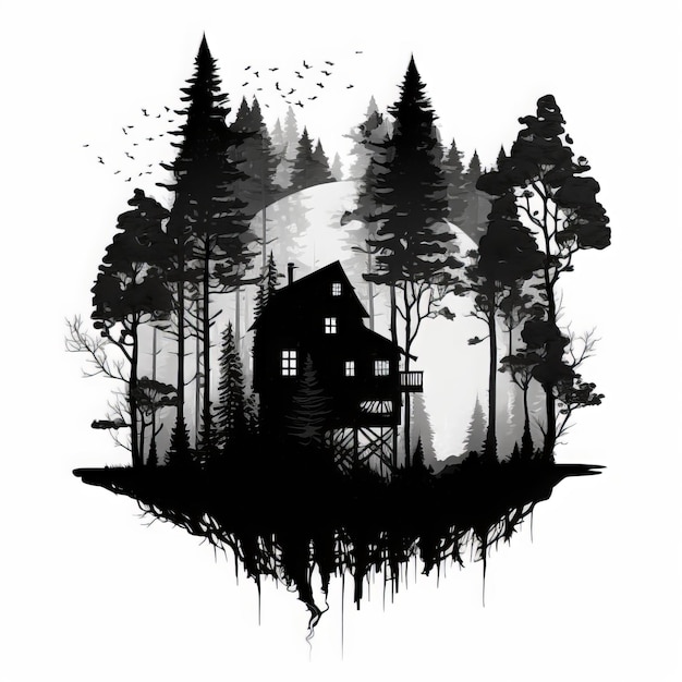 A black and white drawing of a house in a forest.