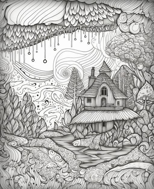 A black and white drawing of a house in the forest.