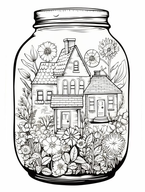 a black and white drawing of a house in a jar generative ai