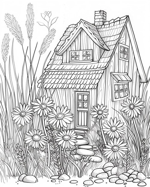 a black and white drawing of a house in the middle of a field generative ai