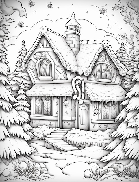 雪の中で家を描いた黒と白の絵
