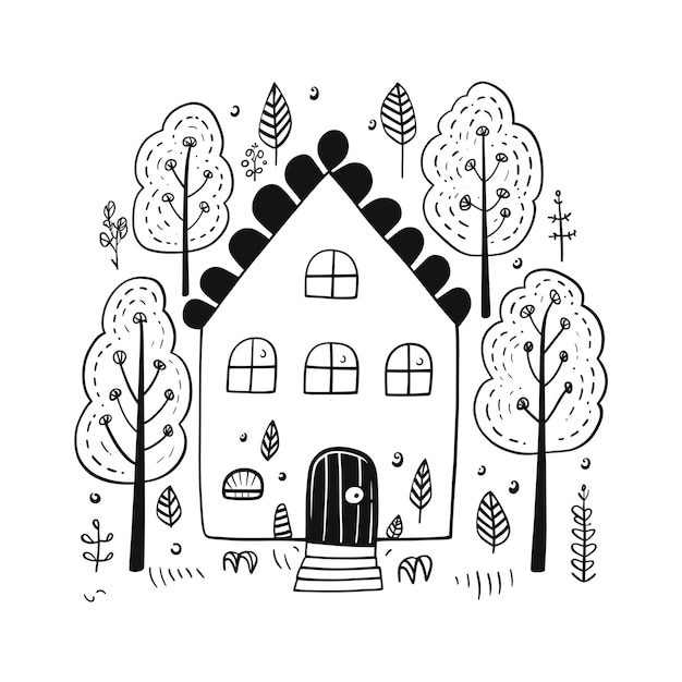a black and white drawing of a house surrounded by trees generative ai