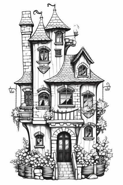 a black and white drawing of a house with a balcony generative ai