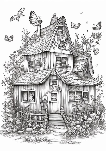 Photo a black and white drawing of a house with butterflies flying around it generative ai