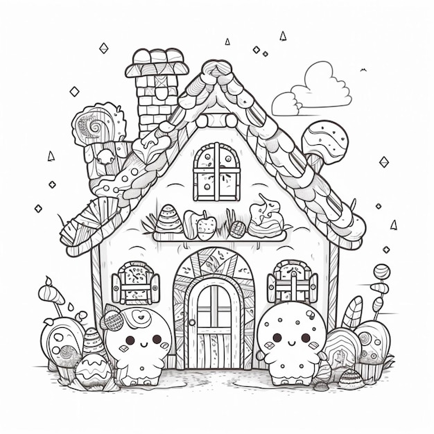 A black and white drawing of a house with candy and candies generative ai