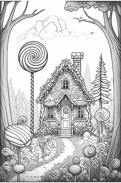 A black and white drawing of a house with a candy cane generative ai