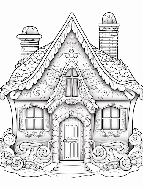 A black and white drawing of a house with a chimney generative ai