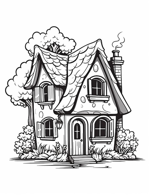 A black and white drawing of a house with a chimney generative ai