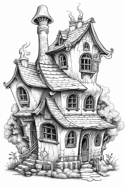 A black and white drawing of a house with a chimney generative ai