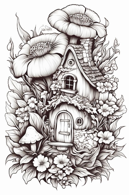 a black and white drawing of a house with flowers and mushrooms generative ai