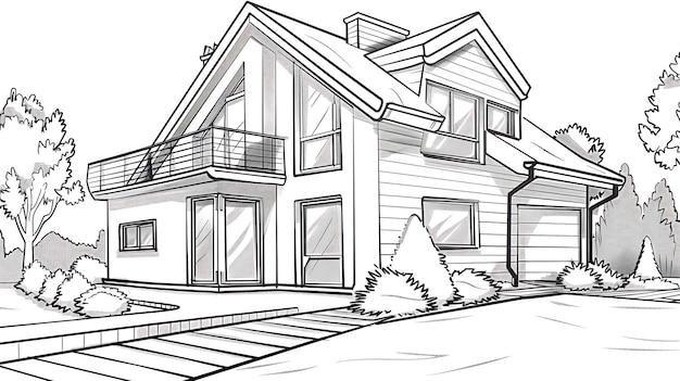 Foto un disegno in bianco e nero di una casa con una casa sullo sfondo