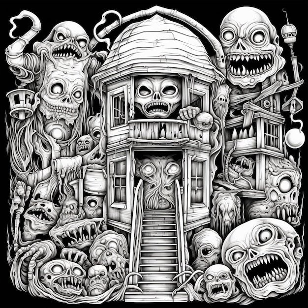 a black and white drawing of a house with many different monsters generative ai