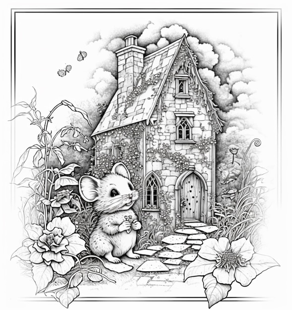 a black and white drawing of a house with a mouse generative ai