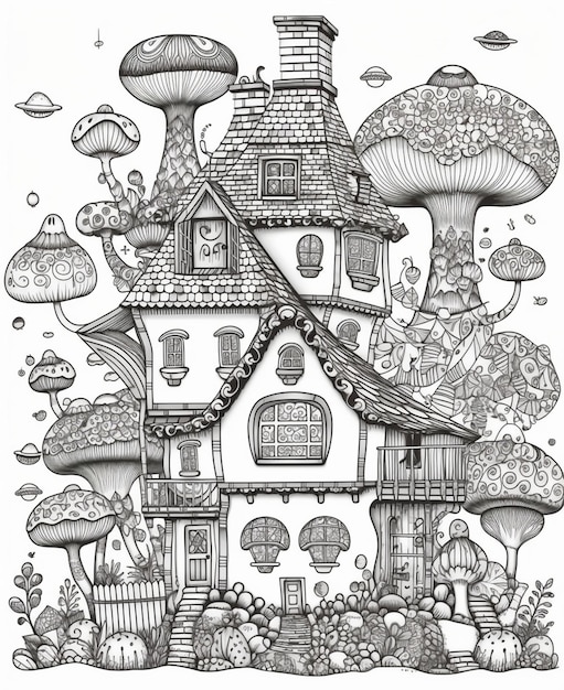 A black and white drawing of a house with a mushroom house on it.