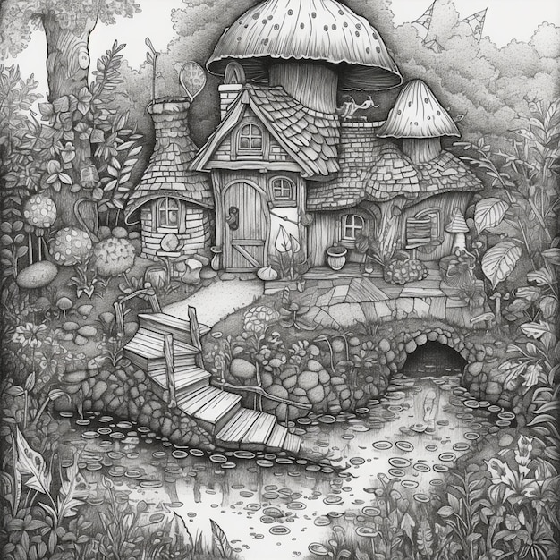 A black and white drawing of a house with a mushroom roof.