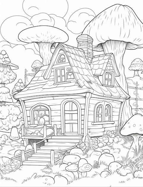 A black and white drawing of a house with mushrooms on the roof generative ai