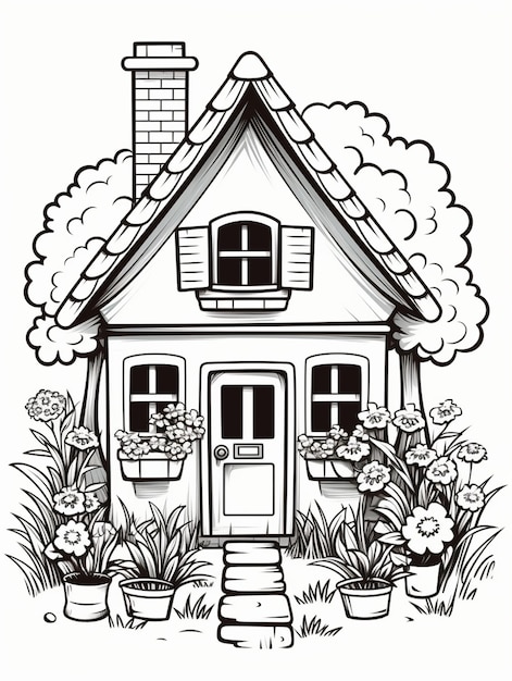 Photo a black and white drawing of a house with a porch and a flower potted garden generative ai