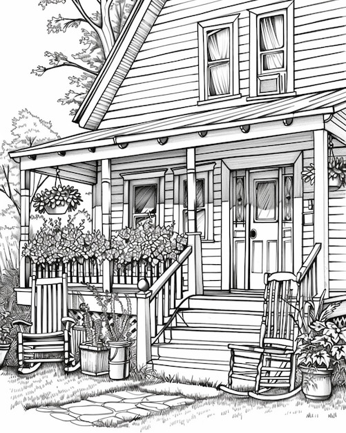 Photo a black and white drawing of a house with a porch generative ai