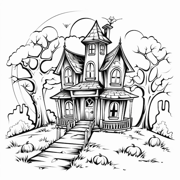 a black and white drawing of a house with a porch and a staircase generative ai