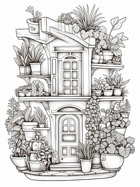 a black and white drawing of a house with potted plants generative ai
