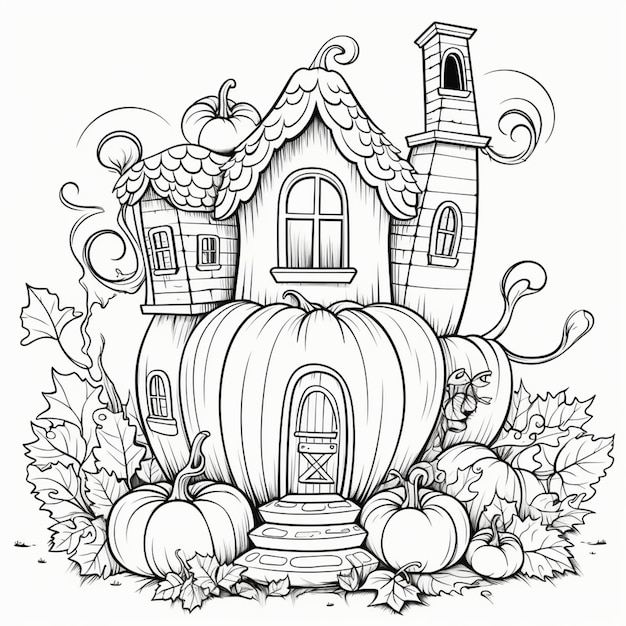 A black and white drawing of a house with pumpkins and leaves generative ai