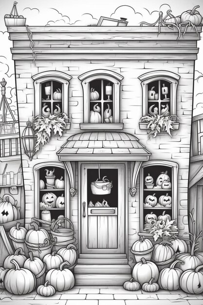 a black and white drawing of a house with pumpkins and skeletons generative ai