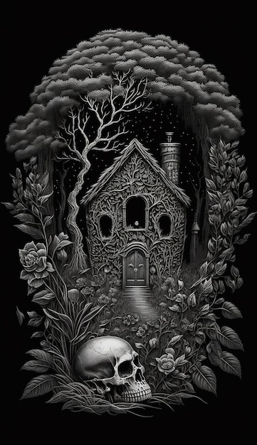 A black and white drawing of a house with a skull on the front.