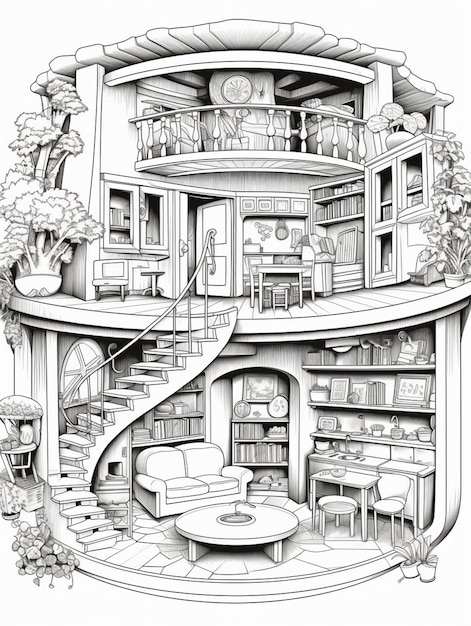 Photo a black and white drawing of a house with a spiral staircase generative ai