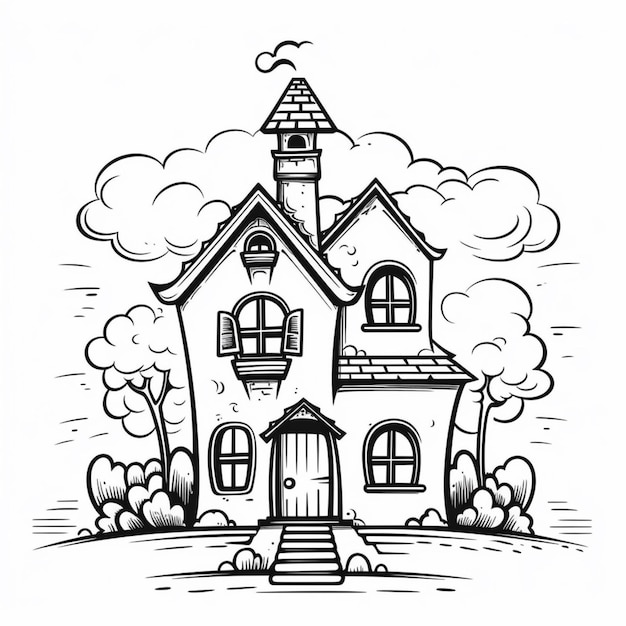 a black and white drawing of a house with a steeple generative ai