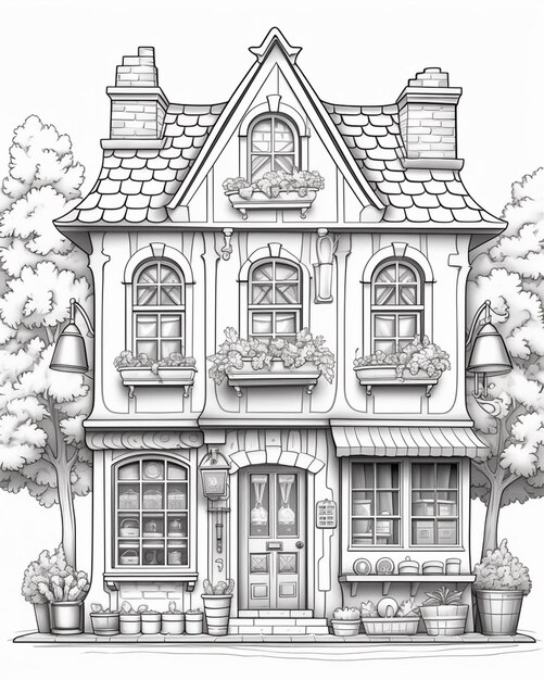 a black and white drawing of a house with a tree in the front generative ai