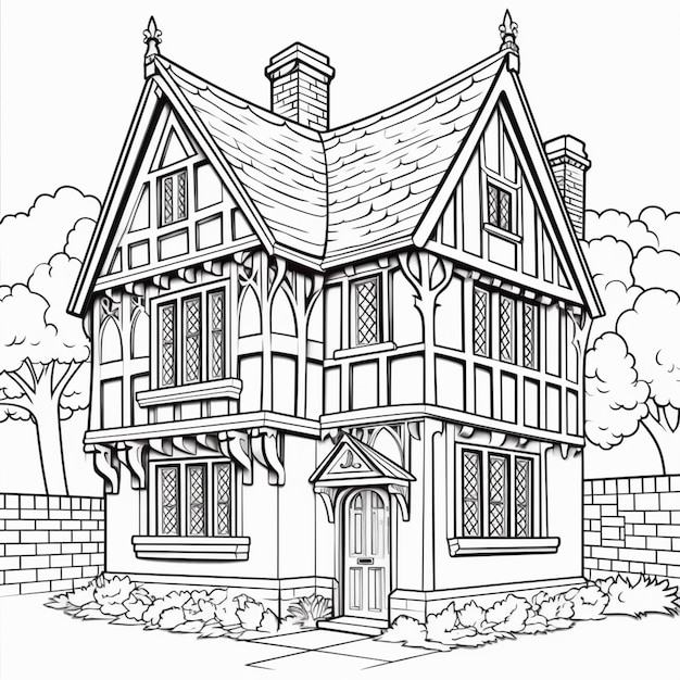 a black and white drawing of a house with a turret generative ai