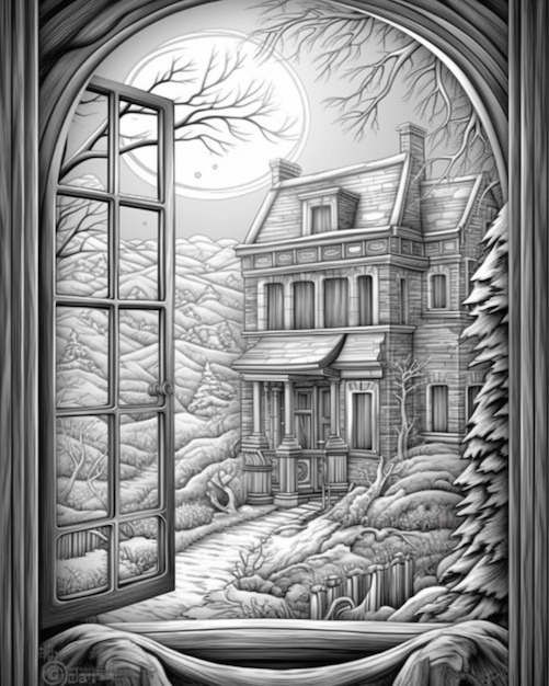 A black and white drawing of a house with a window open generative ai