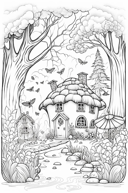 a black and white drawing of a house in the woods generative ai